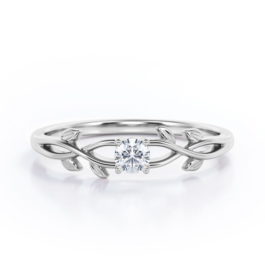 Botanical Design - 0.25 TCW Round Brilliant Cut Diamond - Solitaire Engagement Ring in White Gold