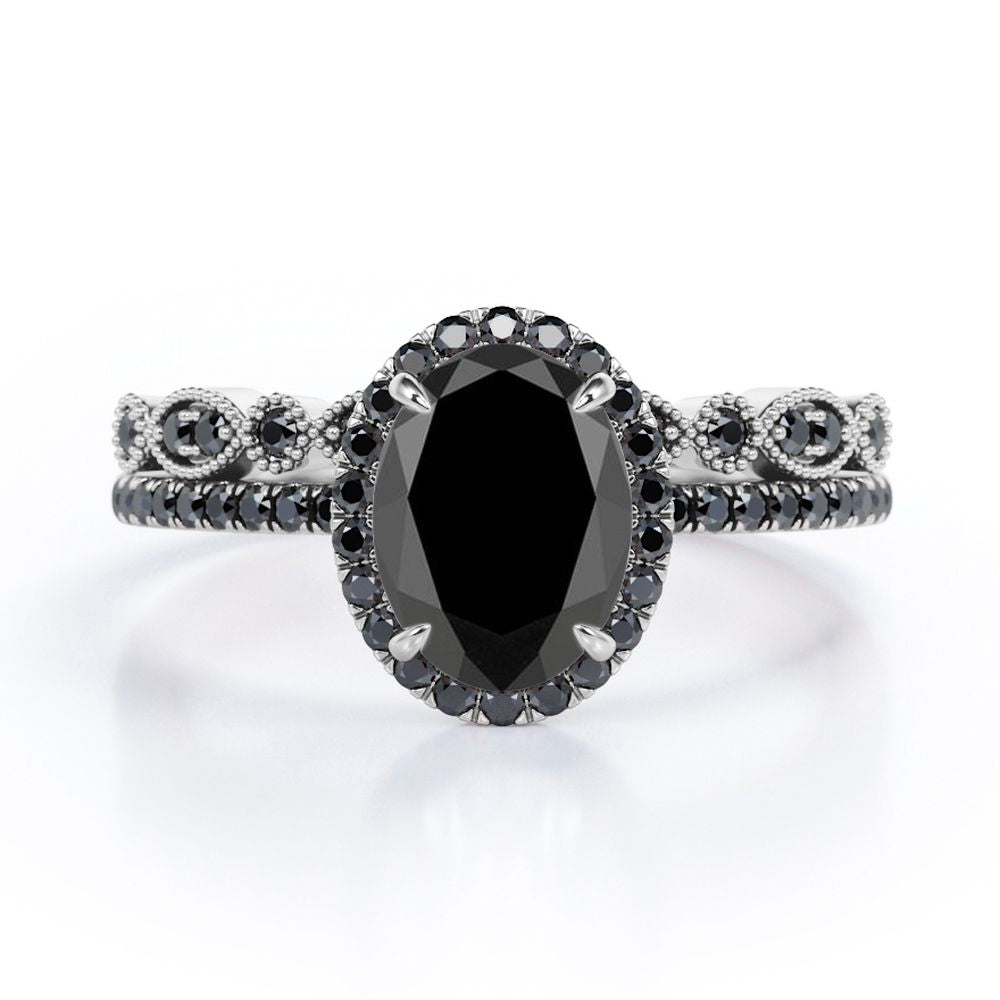 1.65 TCW Oval Cut Lab Created Black Diamond - Milgrain Filigree - Scalloped Pave Bridal Ring Set in White Gold