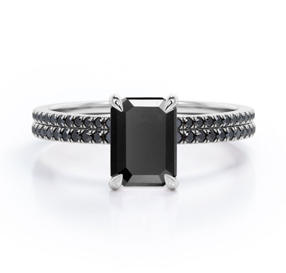 4-Prong Setting 1.65 TCW Emerald Cut Lab Created Black Diamond Wedding Set with Pave Accents in White Gold