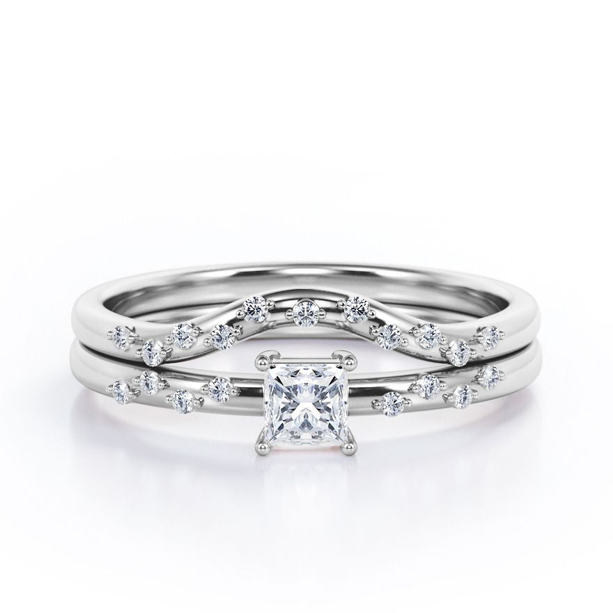 2-Prong Flush - 0.4 TCW Princess Cut Diamond - Curved Minimalist Wedding Ring Set in White Gold