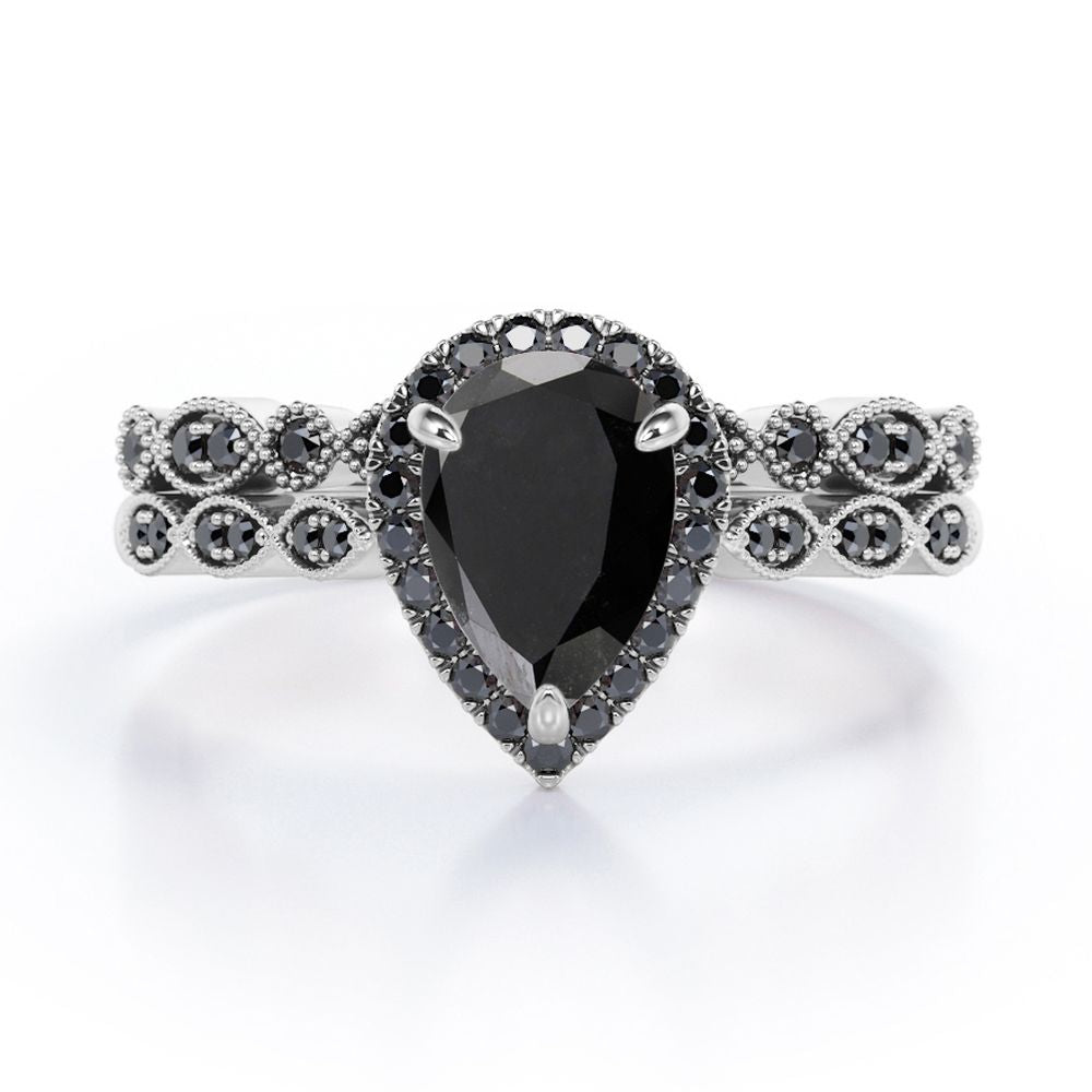 Vintage Style - 1.65 TCW Teardrop Lab Created Black Diamond - Milgrain Halo Bridal Set in White Gold