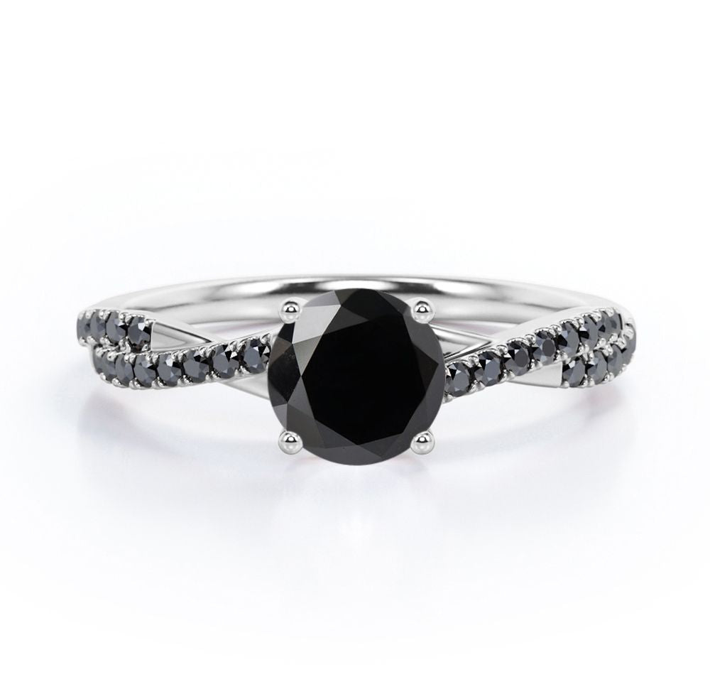 Basket Cathedral - 1.45 TCW Round Shape Lab Created Black Diamond - Crossover Pave Engagement Ring in White Gold