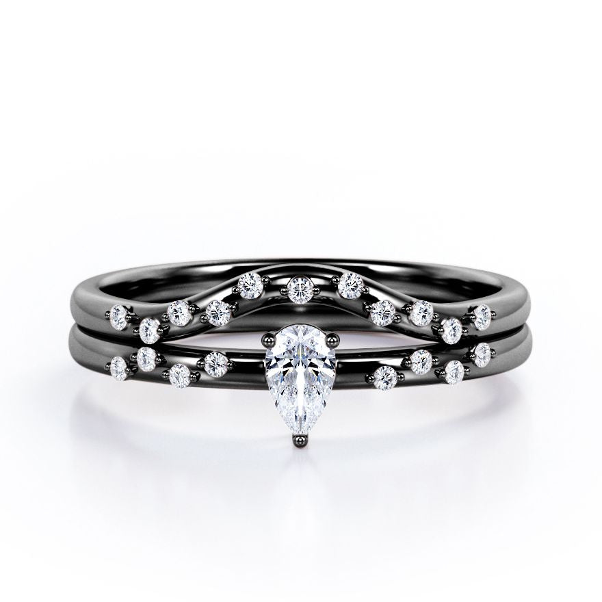 2-Prong Flush - 0.4 TCW Teardrop Cut Diamond - Curved Minimalist Wedding Ring Set in White Gold