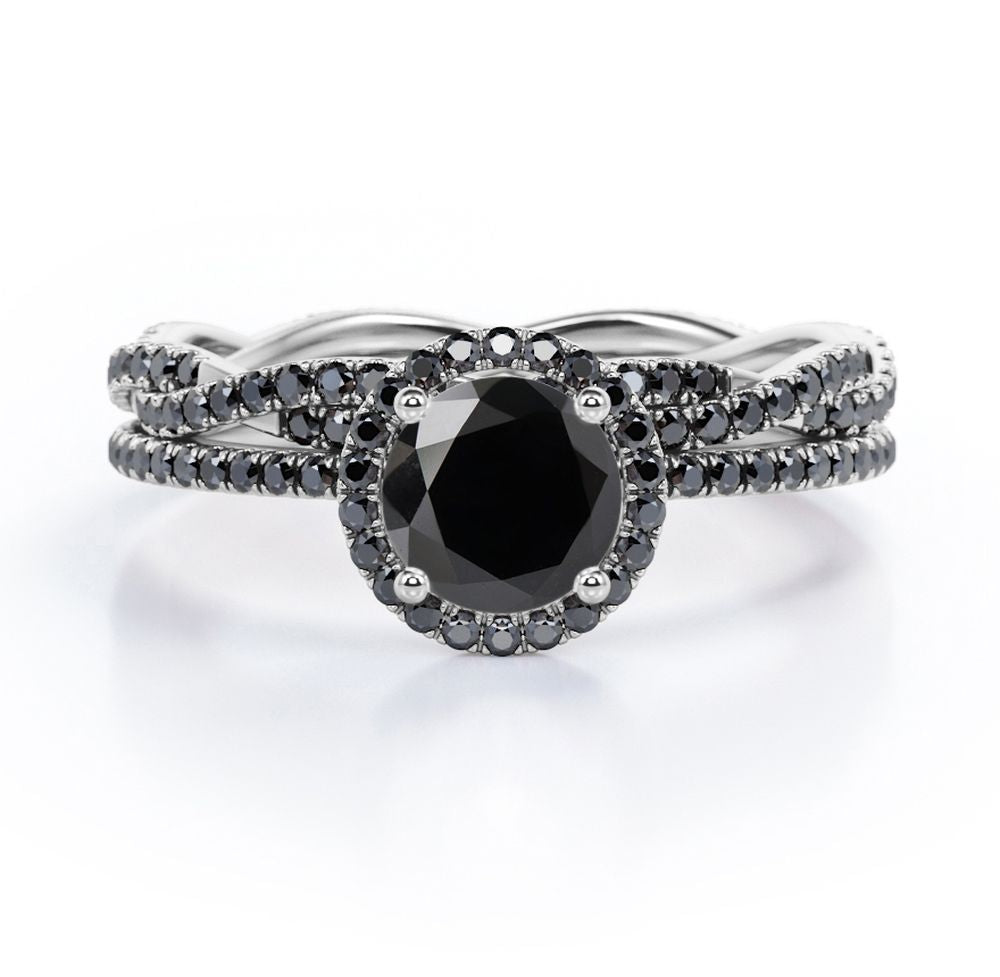 Pave Twisted Eternity 1.75 TCW Round Brilliant Cut Lab Created Black Diamond Halo-Style Wedding Ring Set in White Gold