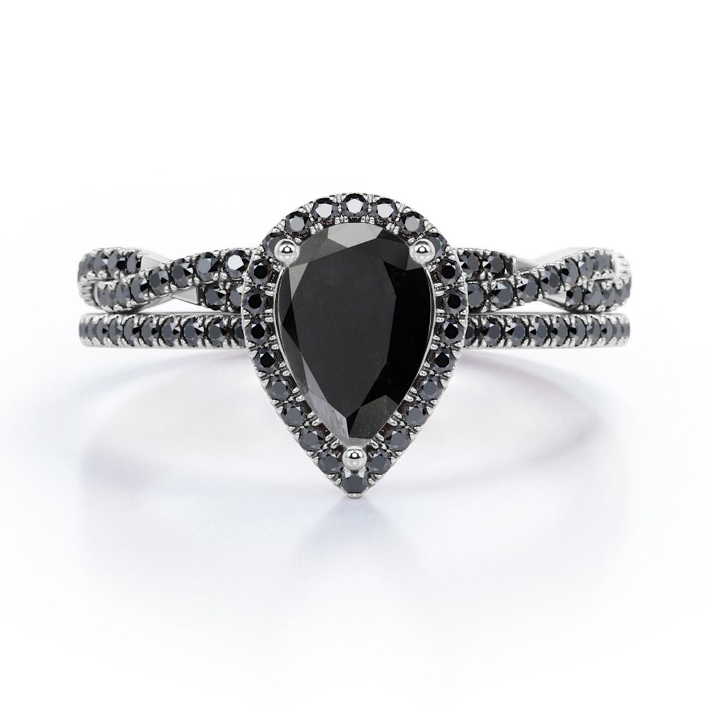 1.75 TCW Pear Shape Lab Created Black Diamond - Pave Setting - Crossover Eternity Wedding Set in White Gold