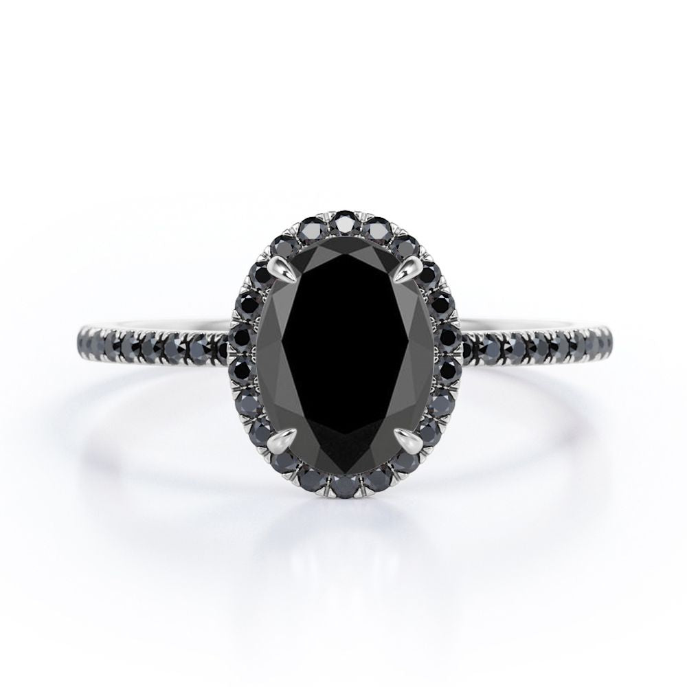 North-South Halo - 1.5 TCW Oval Shape Lab Created Black Diamond - Pave Design Engagement Ring in White Gold