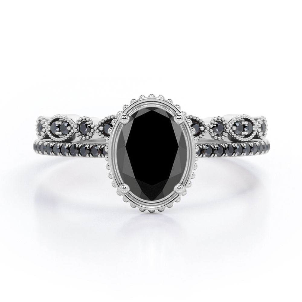 Prong Milgrain Bezel - 1.65 TCW Oval Shaped Lab Created Black Diamond - Pave Filigree Bridal Set in White Gold