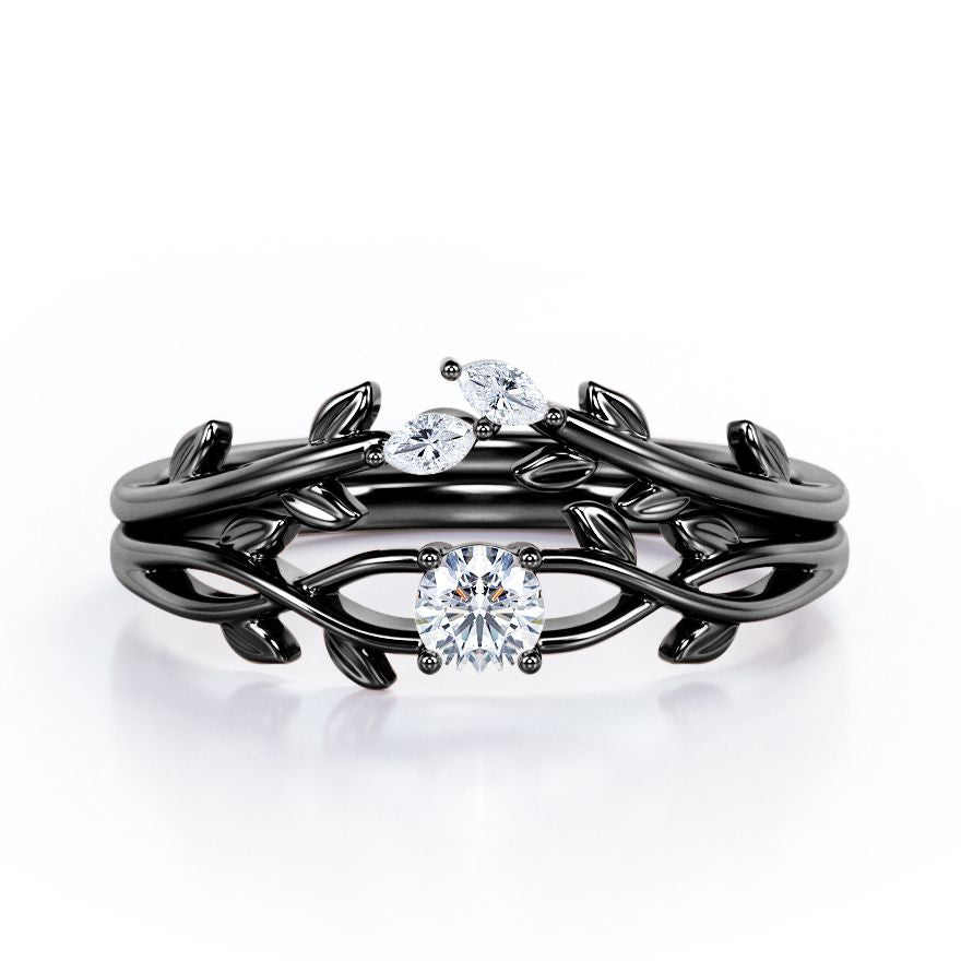 Nature-Inspired 0.35 TCW Round Brilliant Cut Diamond Branch Leaves Bridal Ring Set in White Gold