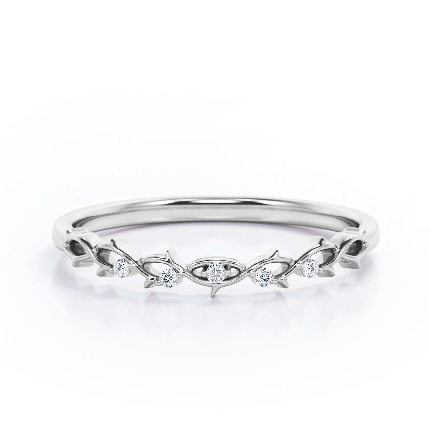 Twisted Thorn - 0.05 TCW Round Shape Diamond - Double Prong Wedding Band in White Gold