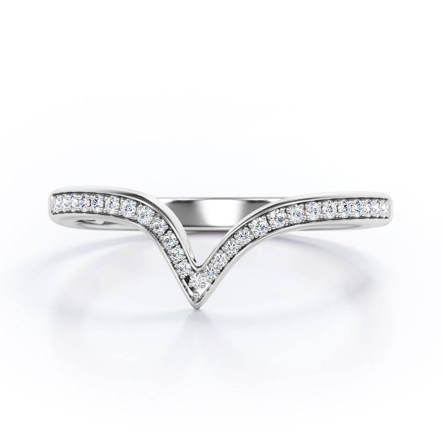 Pave Channel - 0.15 TCW Round Cut Diamond - V Shape Wedding Band in White Gold