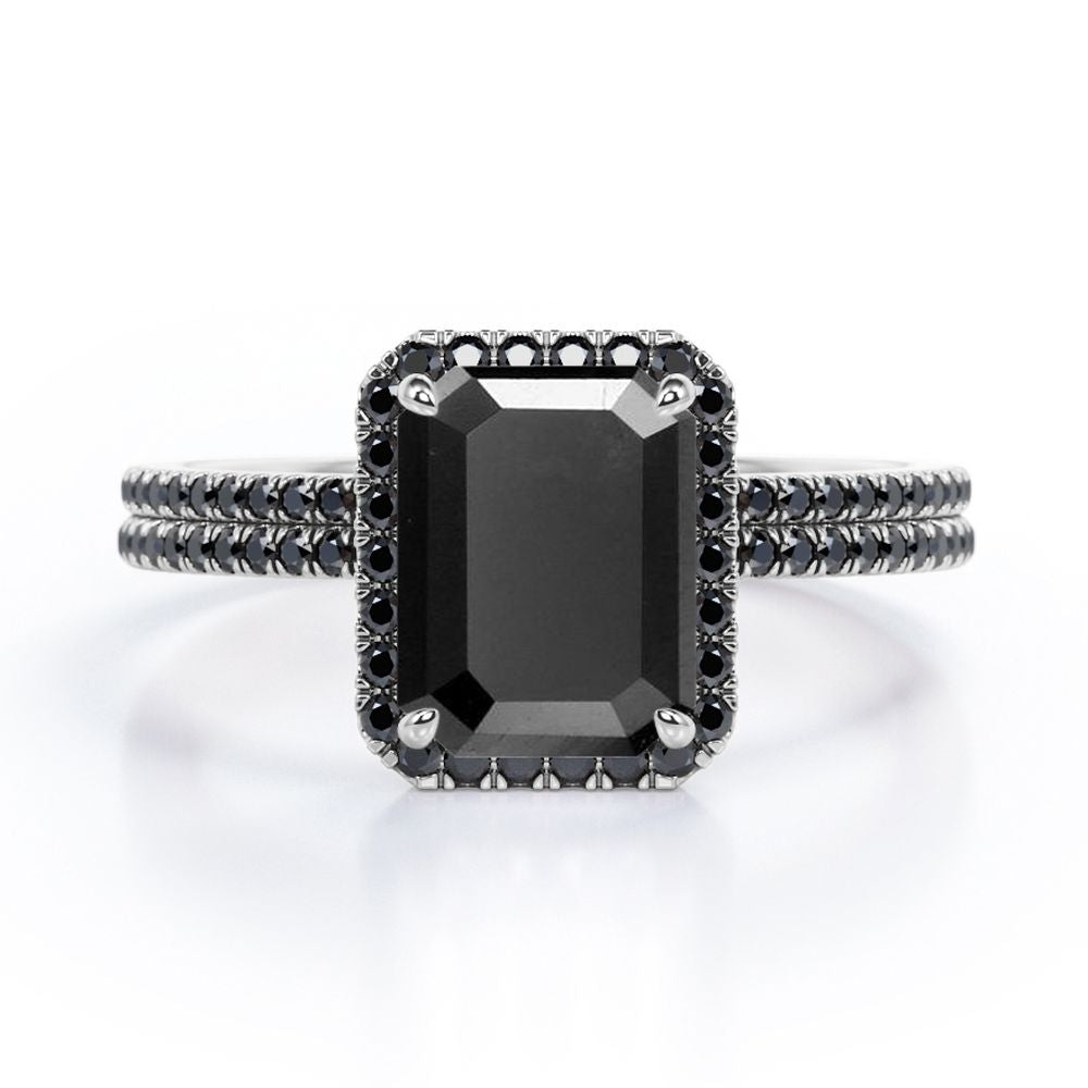 Pave Style - 1.75 TCW Emerald Cut Lab Created Black Diamond - Halo Setting Wedding Ring Set in White Gold