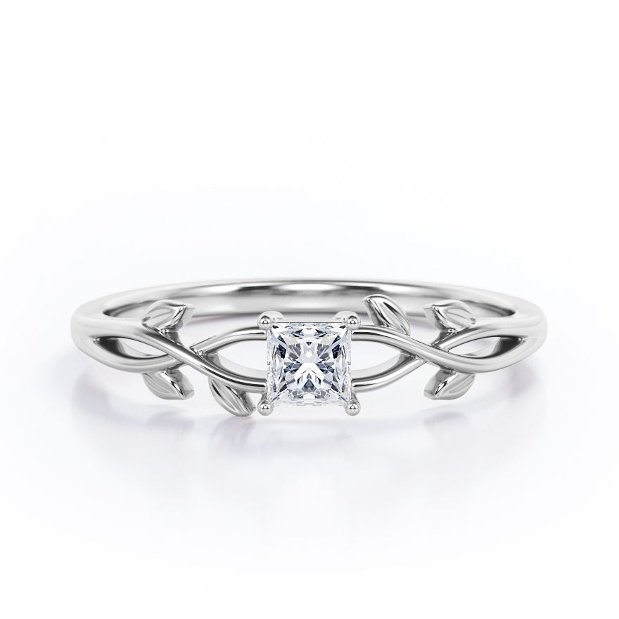 Botanical Design - 0.25 TCW Princess Cut Diamond - Solitaire Engagement Ring in White Gold