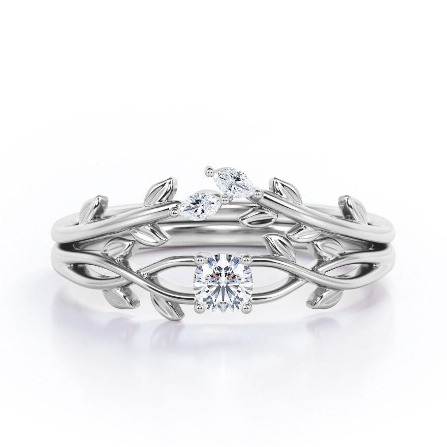 Nature-Inspired 0.35 TCW Round Brilliant Cut Diamond Branch Leaves Bridal Ring Set in White Gold