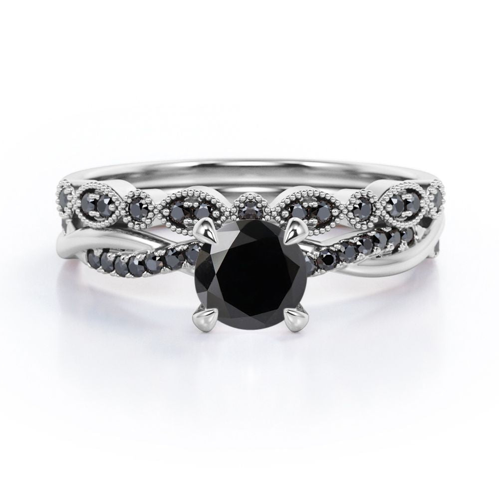 Milgrain Filigree Decorated 1.6 TCW Round Shaped Lab Created Black Diamond Twisted Pave Wedding Set in White Gold