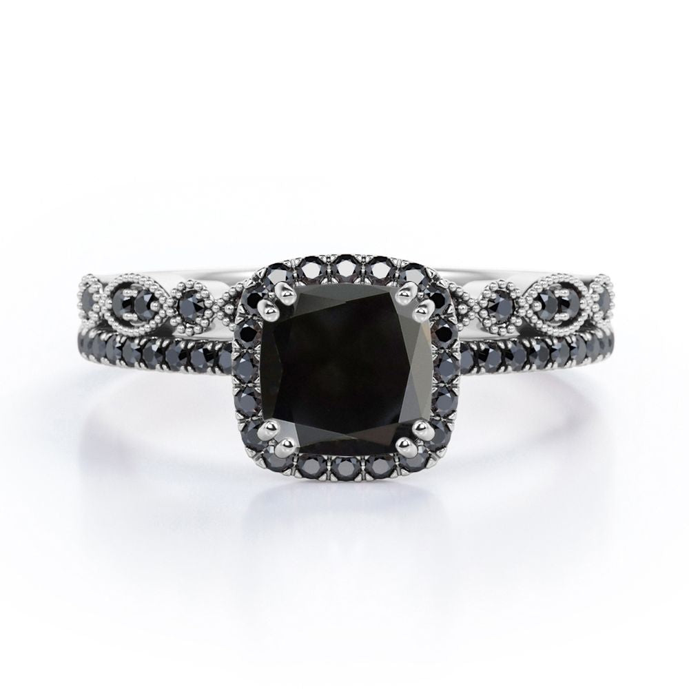 Pave-Accented Halo 1.6 TCW Cushion Cut Lab Created Black Diamond Milgrain Filigree Wedding Ring Set in White Gold