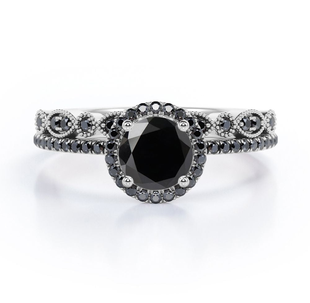 Art Deco Pave Setting - 1.65 TCW Round Cut Lab Created Black Diamond - Halo Design Bridal Set in White Gold