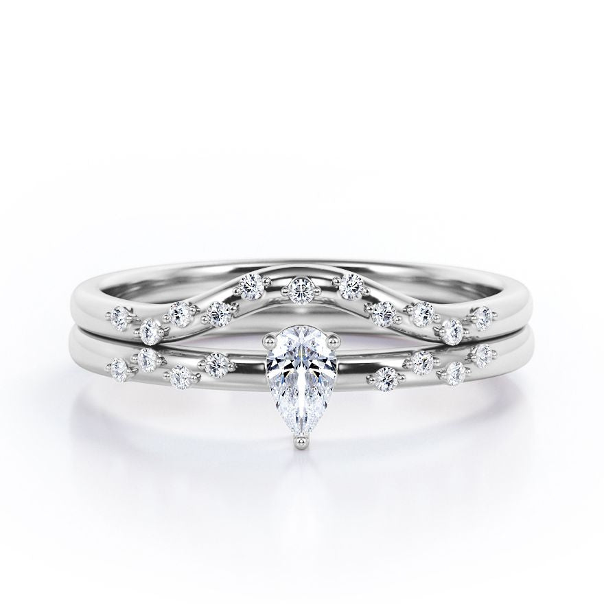 2-Prong Flush - 0.4 TCW Teardrop Cut Diamond - Curved Minimalist Wedding Ring Set in White Gold