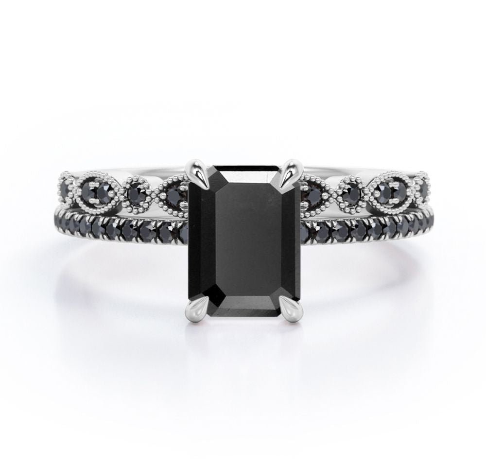 Milgrain Filigree - 1.55 TCW Emerald Cut Lab Created Black Diamond - Pave Accented Bridal Ring Set in White Gold