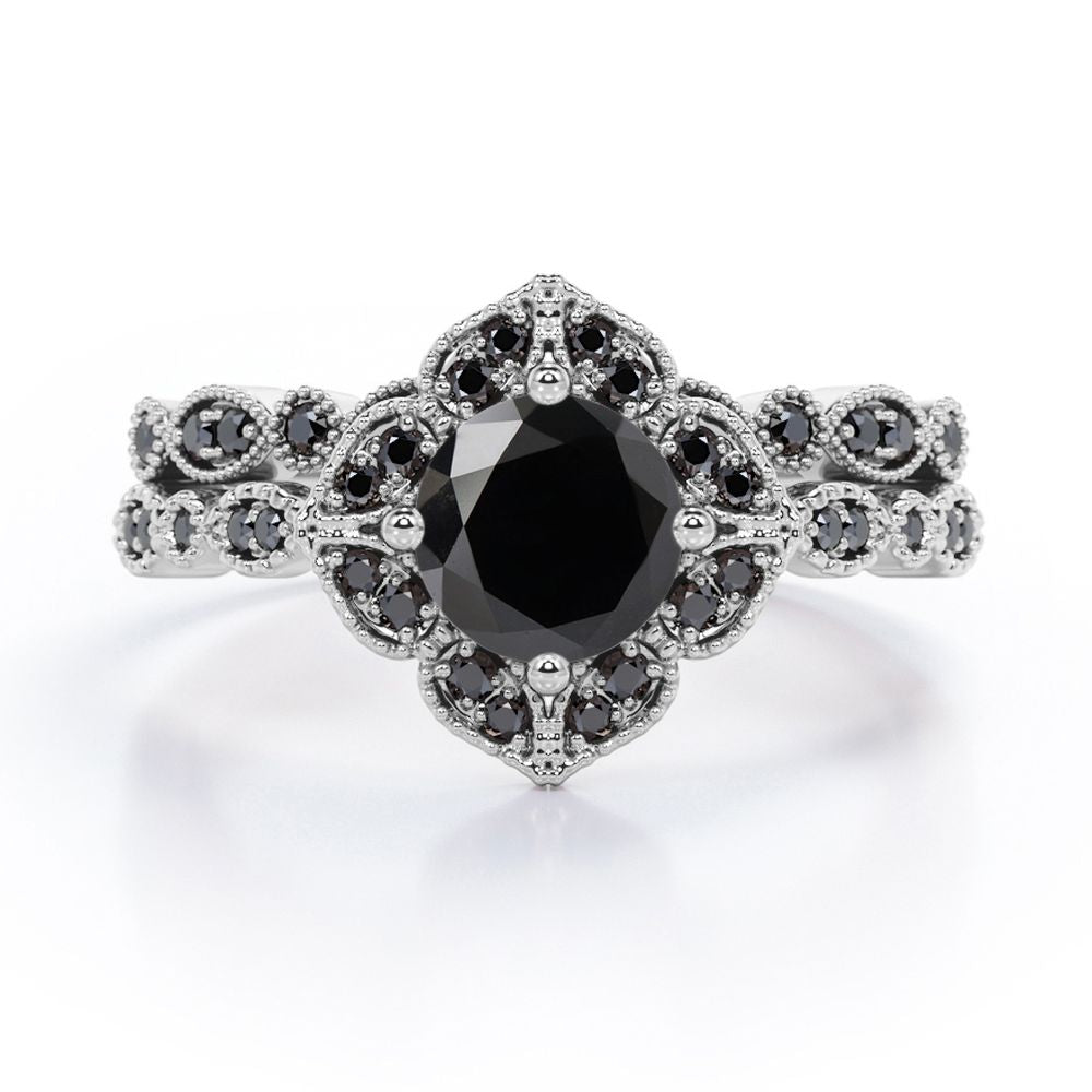 Milgrain Floral Cluster - 1.75 TCW Round Cut Lab Created Black Diamond - Filigree Bridal Ring Set in White Gold