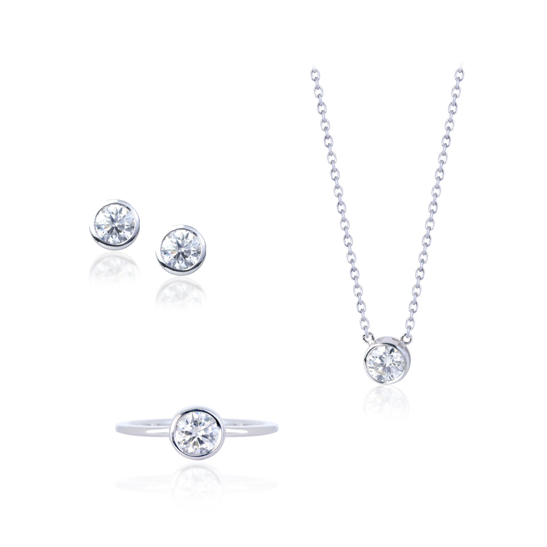 Minimalist Solitaire Bezel Jewelry Gift Set of 1.70 TCW Moissanite with Ring, Earrings & Pendant