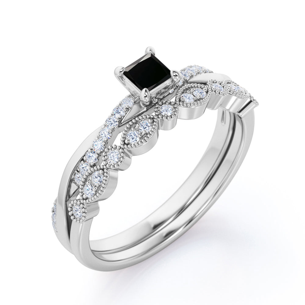 1.3 Carat Princess Cut Lab Grown Black Diamond Four Prong Infinity Bridal Set In White Gold