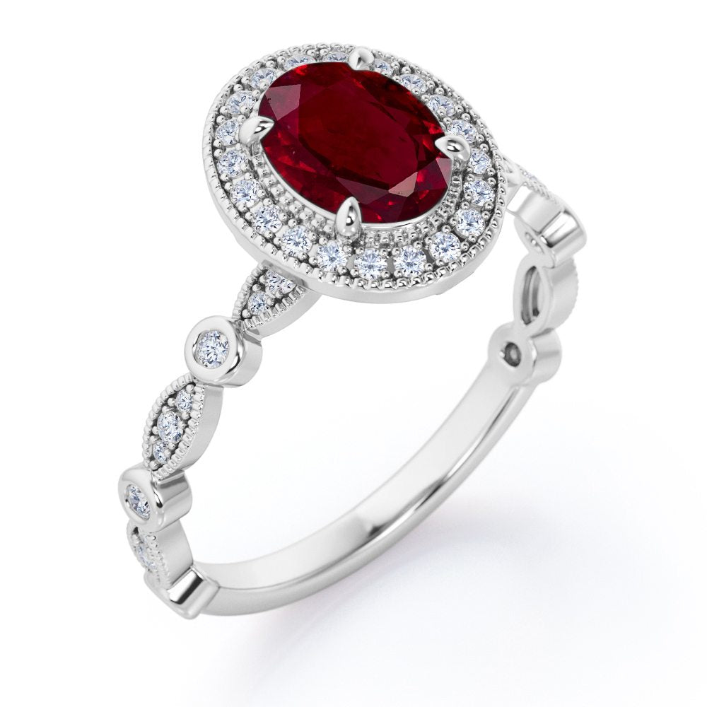 Vintage Halo 1.35 Carat Oval Cut Lab-Created Ruby And Diamond Art Deco Engagement Ring In Rose Gold