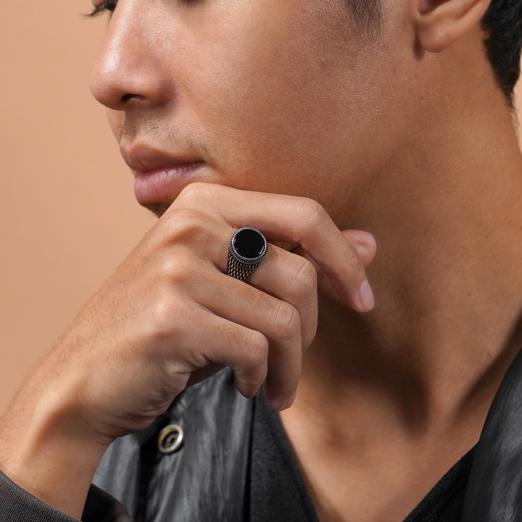 Black Stone Milgrain Signet Ring - Men's Fashion Jewelry - Chunky Ring