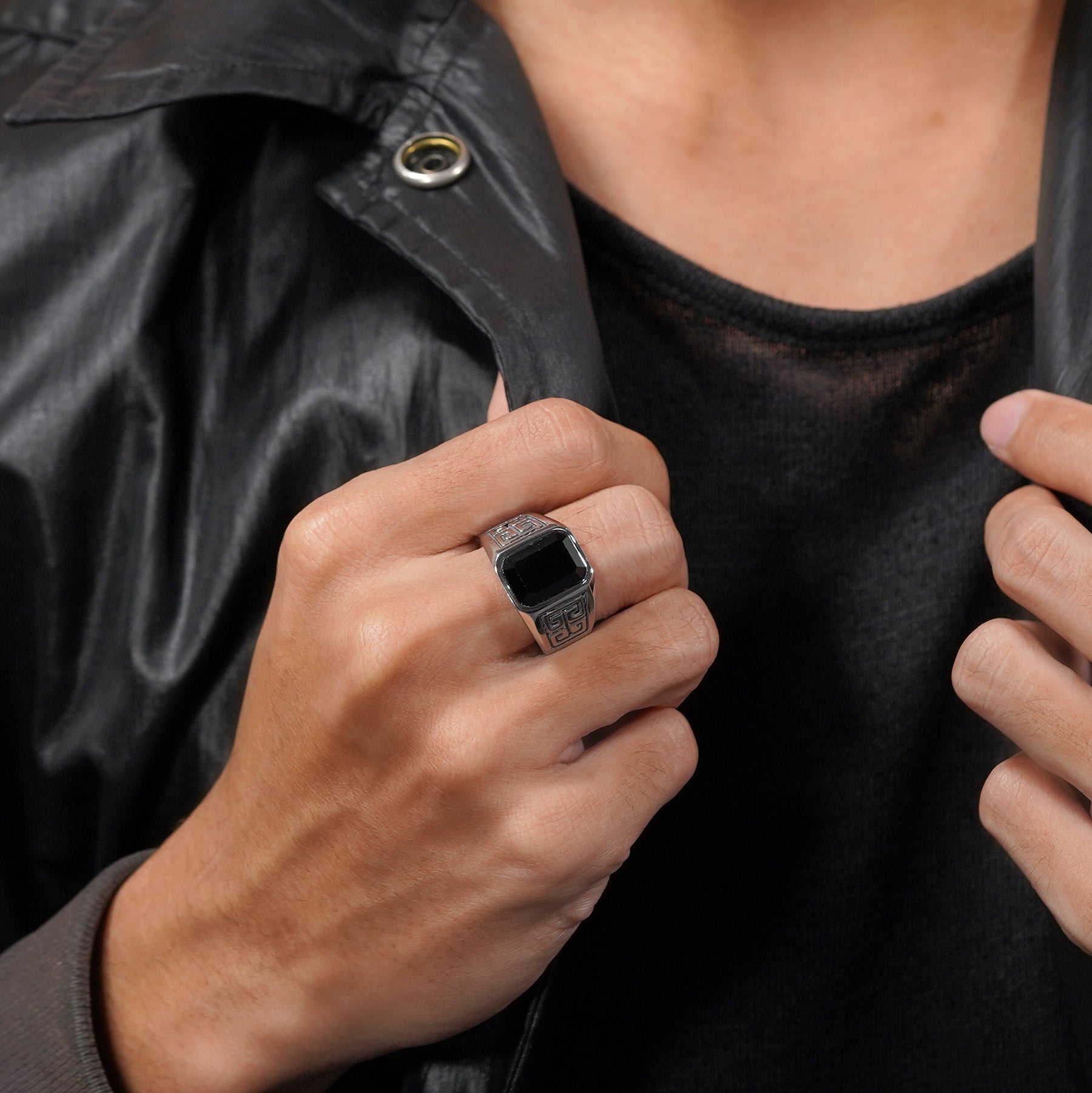 Emerald Cut Black Stone with Greek Key Pattern Maze Ring - Chunky Jewelry