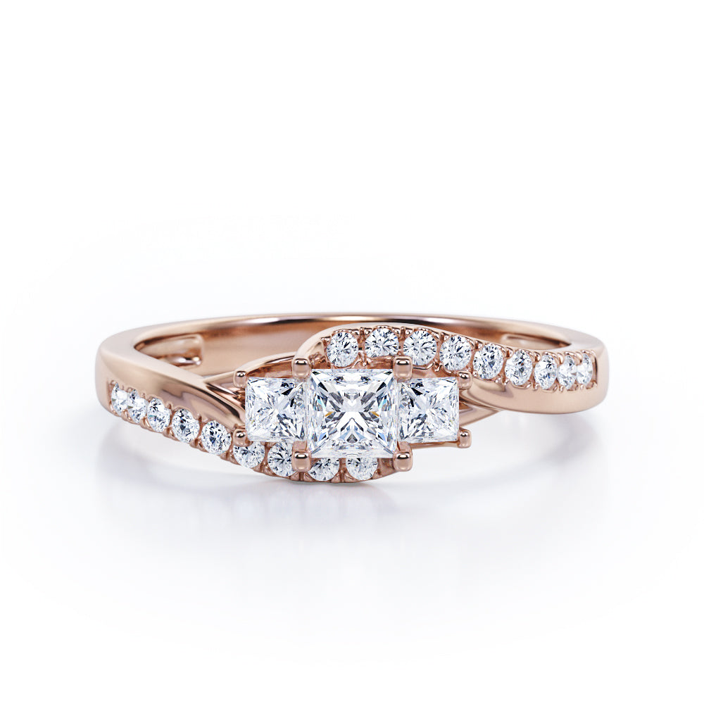 Trellis Three Stones 1 carat Princess Diamond and Diamonds Braided Engagement Ring in Rose Gold