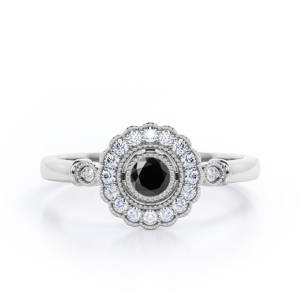 Milgrain Flower Halo 1.2 carat Carat Round Brilliant Cut Black Diamond Trilogy Bezel Engagement Ring in White Gold