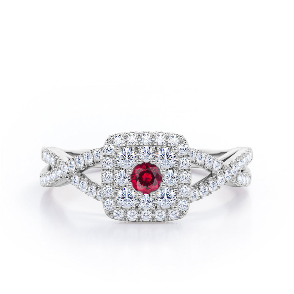 Pave Crossover - 1.25 Carat Round Cut Ruby - Flush Cluster Halo Engagement Ring in White Gold