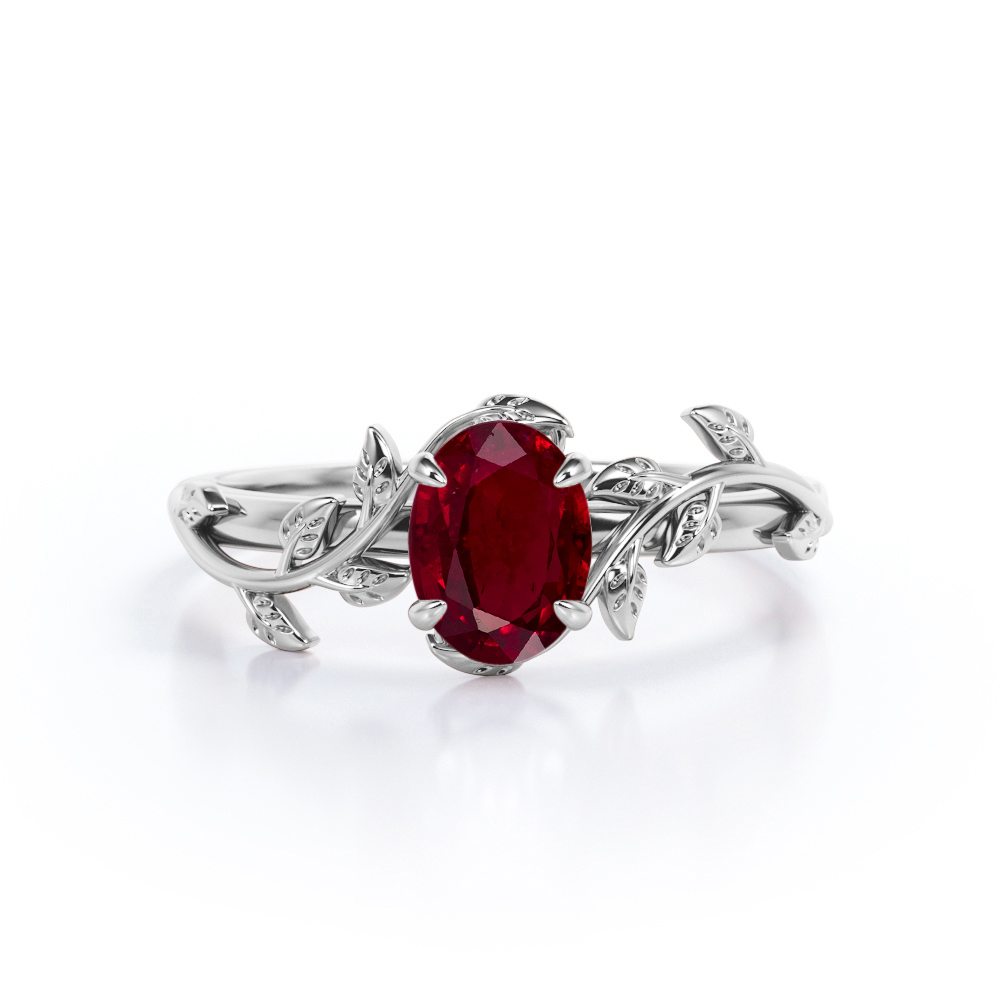 1 carat Oval Cut Lab-created Ruby Leaf Vine Engagement ring in White Gold