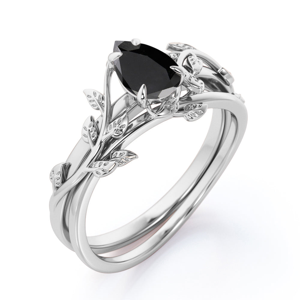 1 carat pear cut Black diamond butterfly style bridal set in white gold