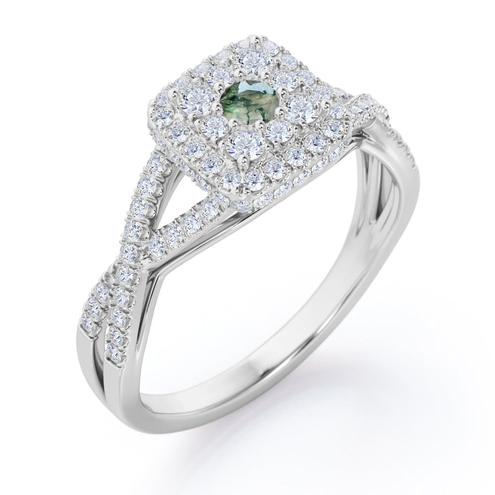 Pave Crossover - 1.25 Carat Round Cut Green Moss Agate and diamond - Flush Cluster Halo Engagement Ring in Rose Gold