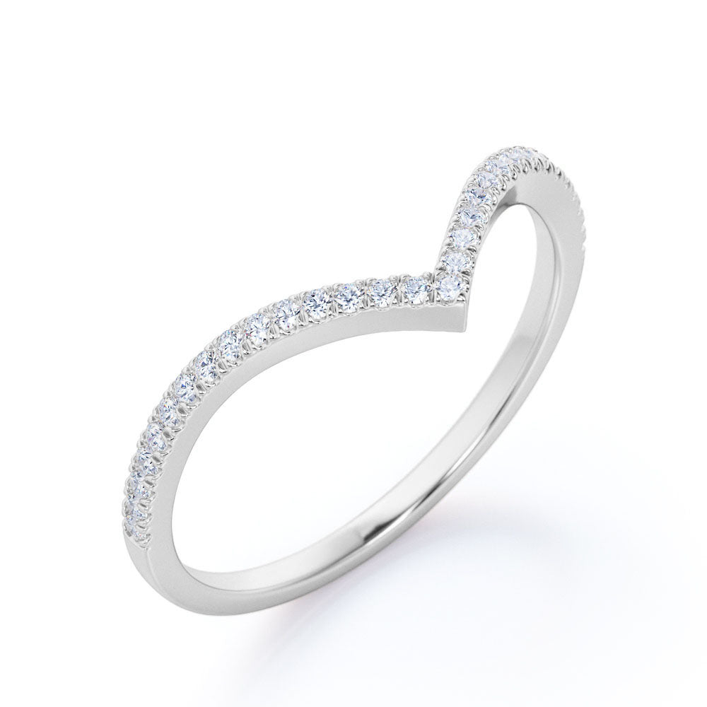 V-Shaped 0.25 Carat Cubic Zirconia Round Shaped - Scalloped Pave Wedding Band - 18K White Gold Plating over Silver