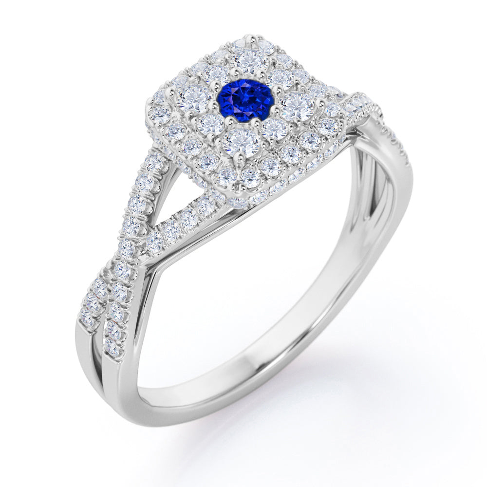 Pave Crossover - 1.25 Carat Round Cut Blue Sapphire and diamond - Flush Cluster Halo Engagement Ring in White Gold