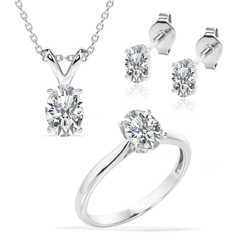 Beautiful Gift Set of 3 Carat Oval Moissanite with Ring, Earrings & Pendant