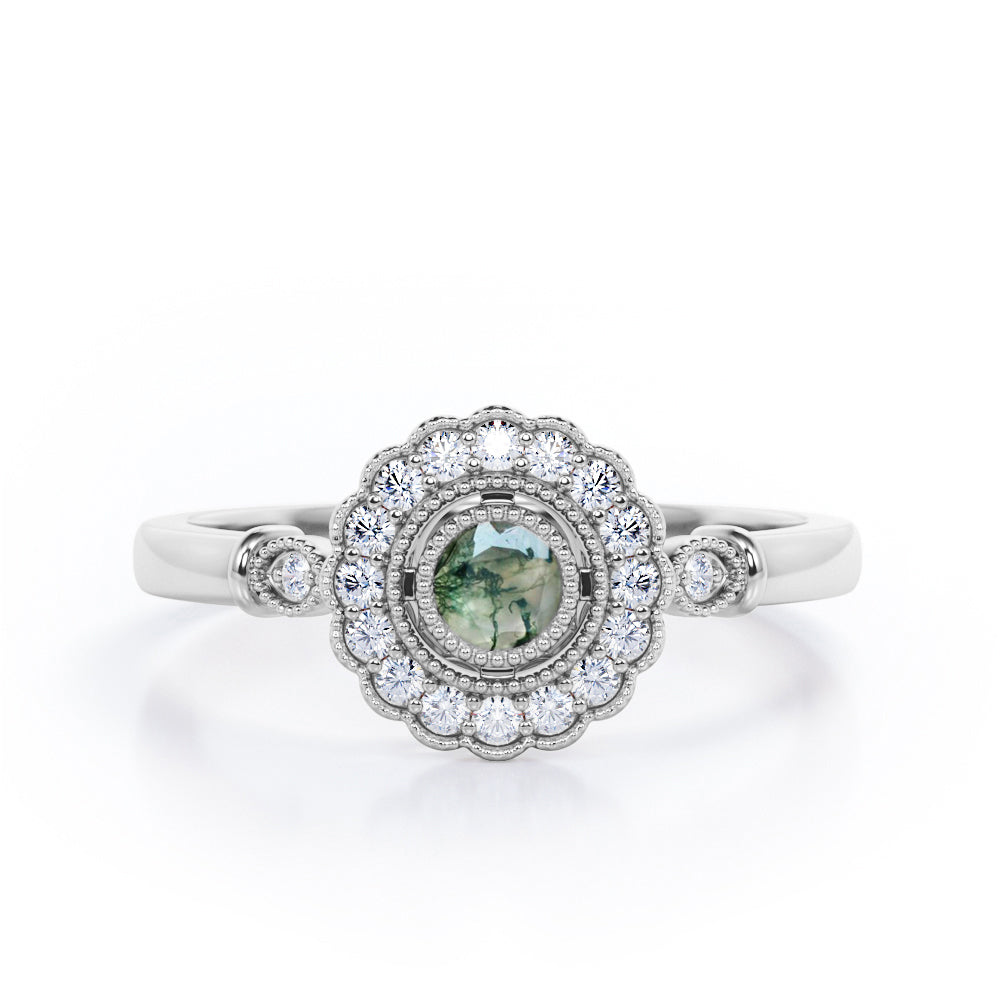 Milgrain Flower Halo 1.2 carat Carat Round Brilliant Cut Green Moss Agate and diamond Trilogy Bezel Engagement Ring in White Gold