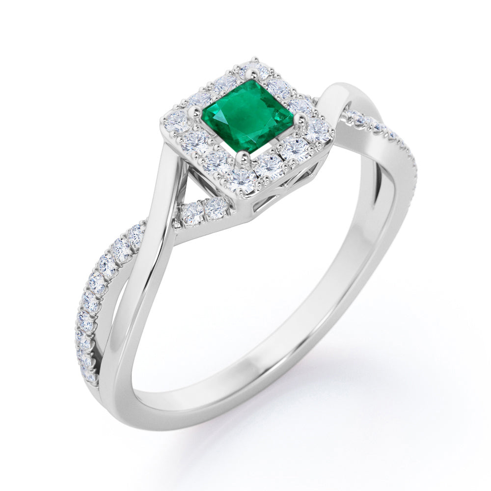 1.25 Carat Princess Cut Emerald and diamond - Half Crossover Pave - Halo Engagement Ring in White Gold