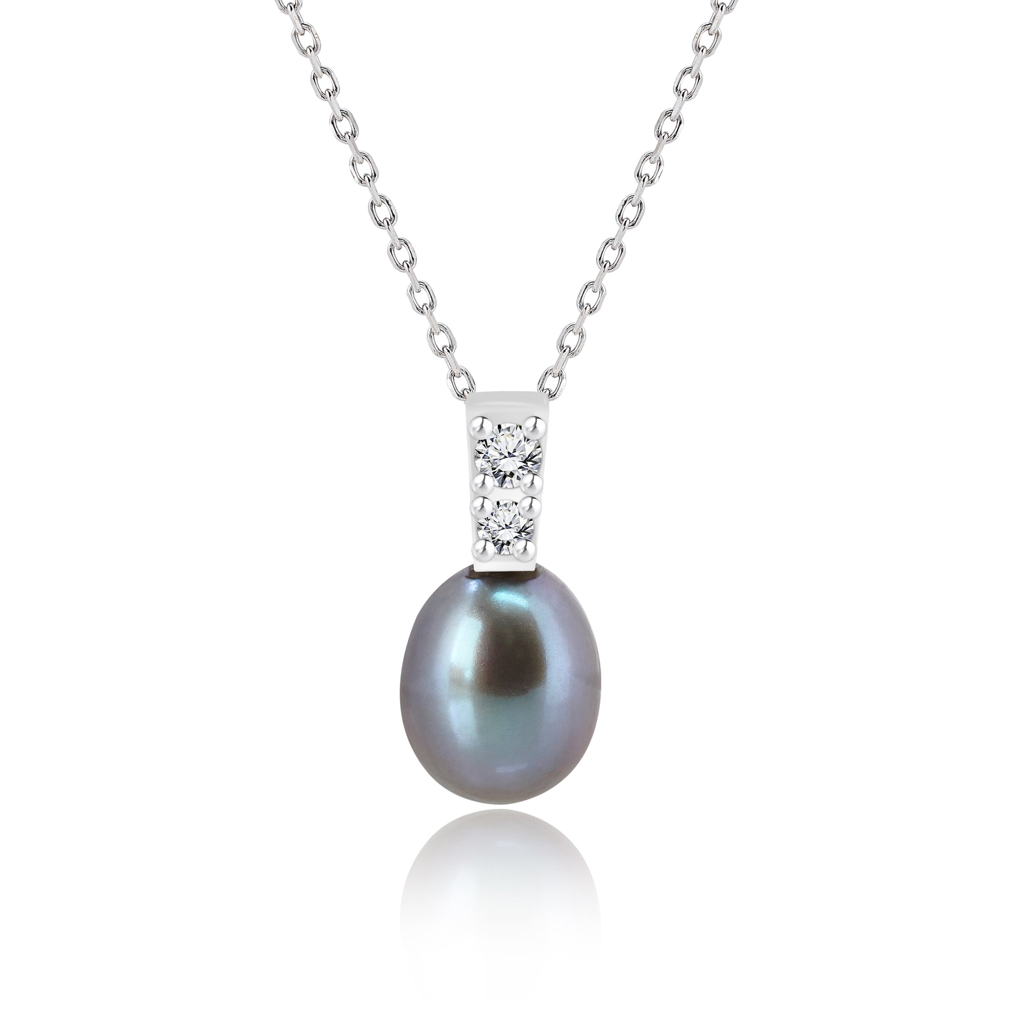 9 mm Simple Pearl Necklace Pendant and Moissanite for Women in 18K White Gold over Silver