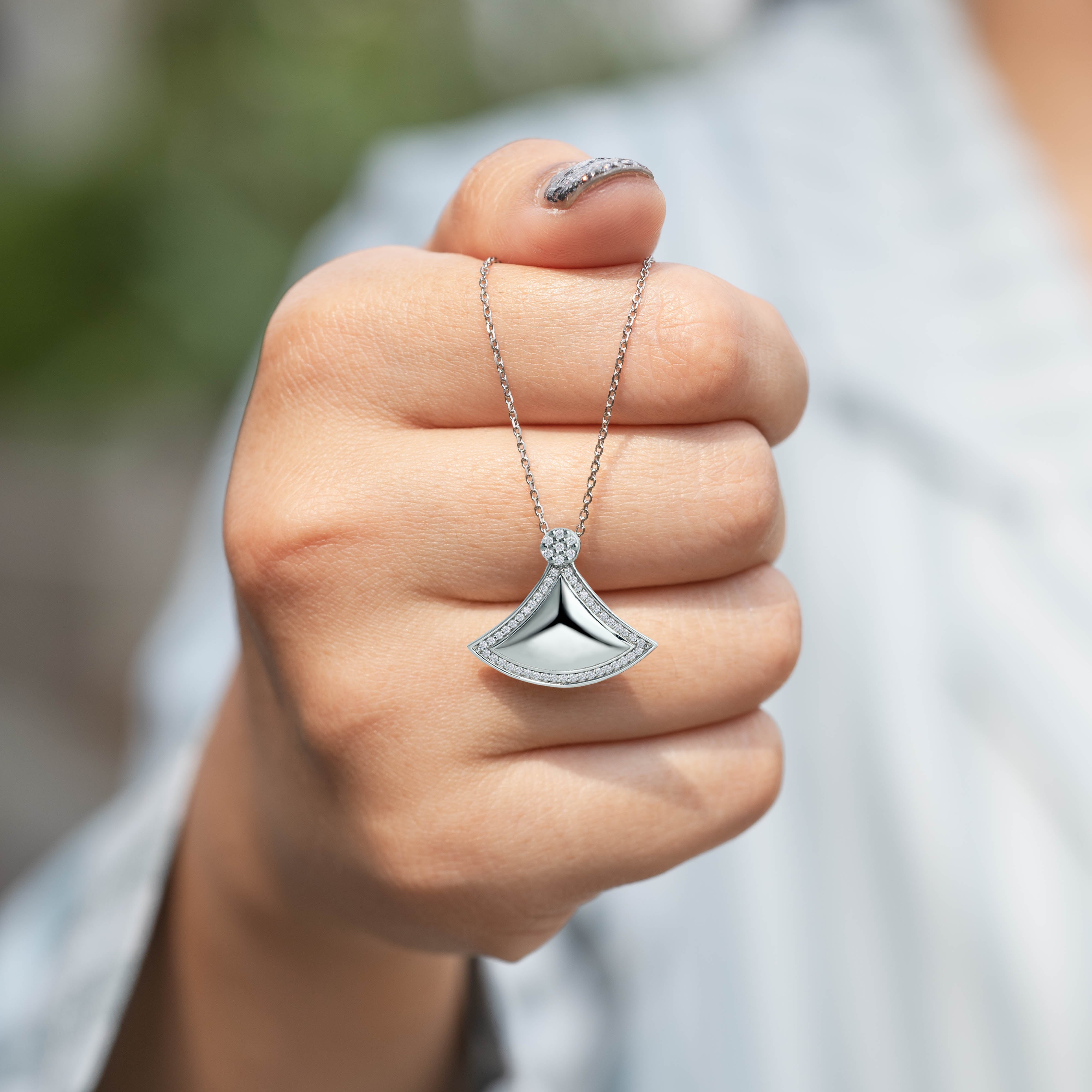 Triangular Fan Shaped Pave Setting Diamond Pendant Necklace in 18K White Gold over Silver