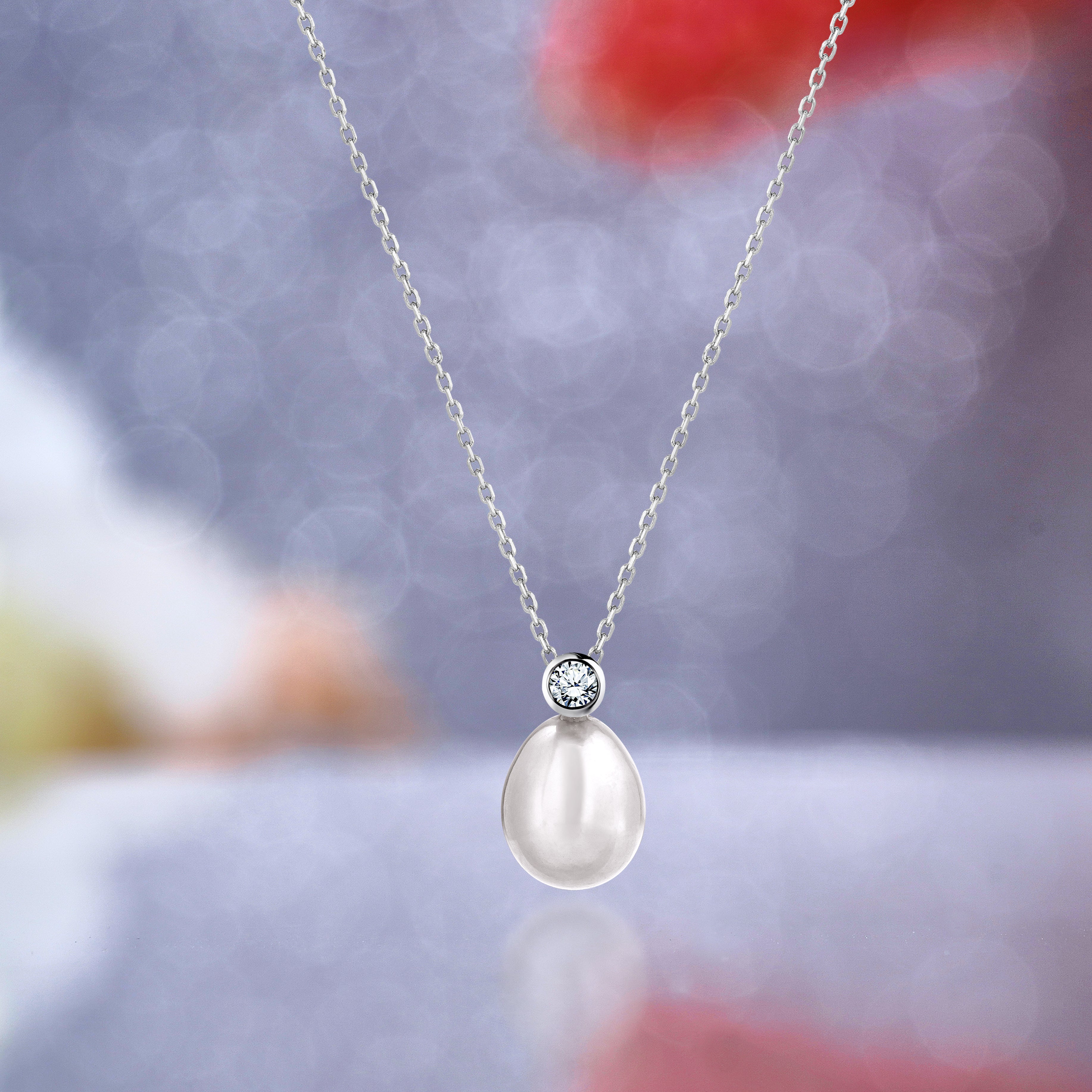 Akoya White Freshwater Pearl and Round Cut Diamond Bezel Setting Pendant Necklace in 18K White Gold over Silver