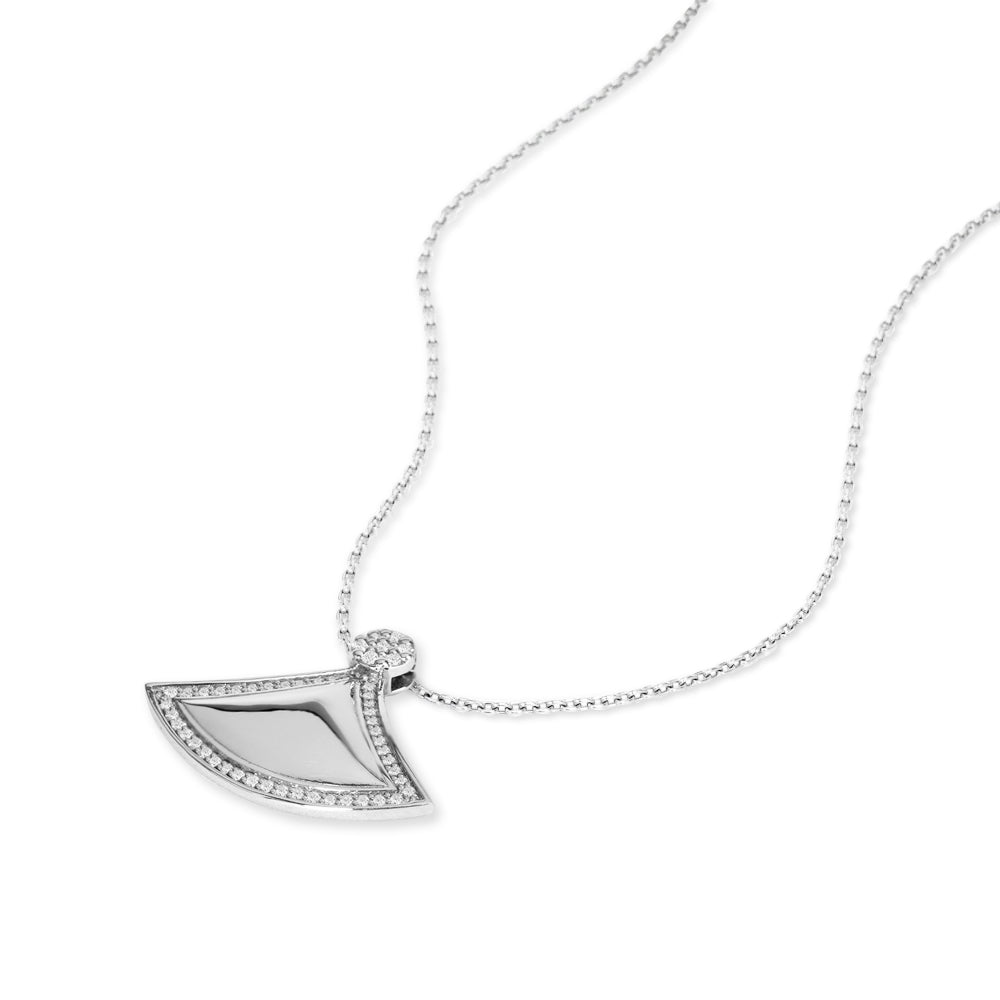 Triangular Fan Shaped Pave Setting Diamond Pendant Necklace in 18K White Gold over Silver