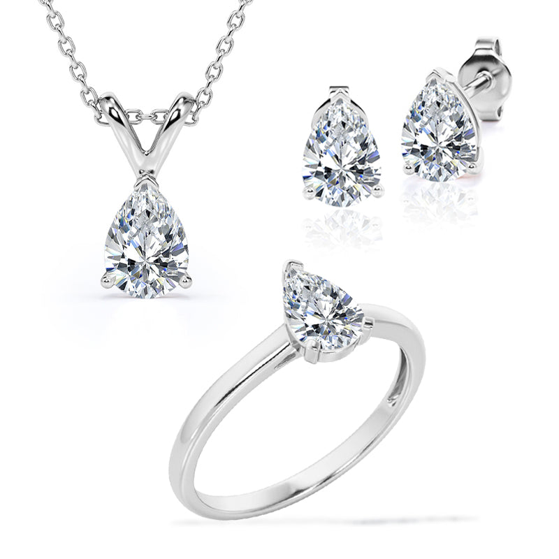 Beautiful Gift Set of 3 Carat Pear cut Moissanite with Ring, Earrings & Pendant