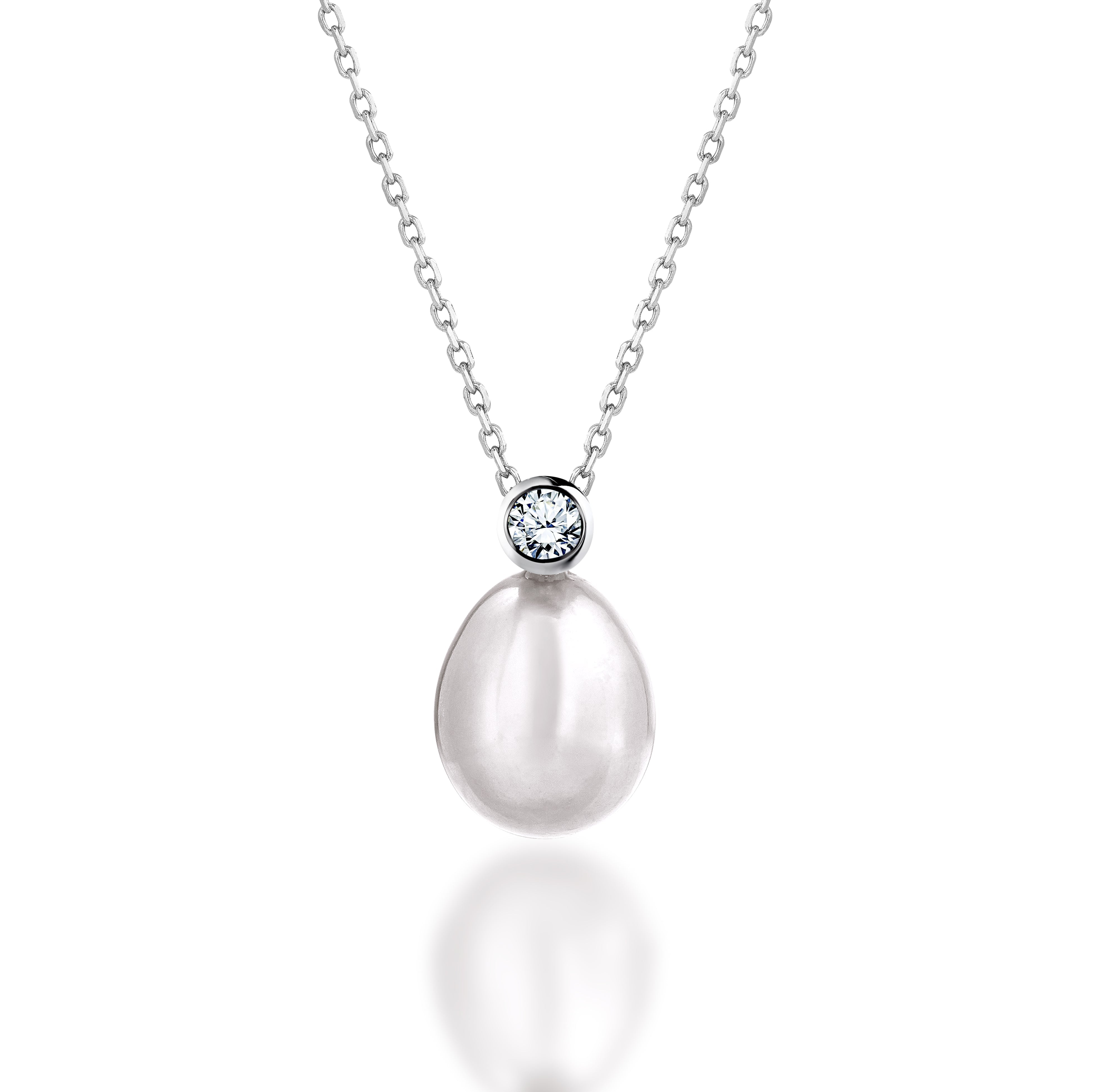 Akoya White Freshwater Pearl and Round Cut Diamond Bezel Setting Pendant Necklace in 18K White Gold over Silver