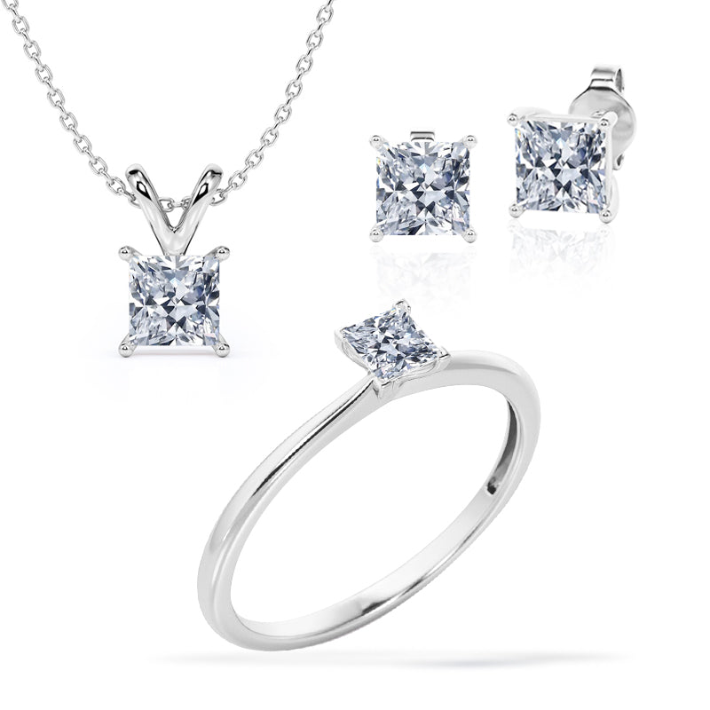 Beautiful Gift Set of 3 Carat Princess cut Moissanite with Ring, Earrings & Pendant