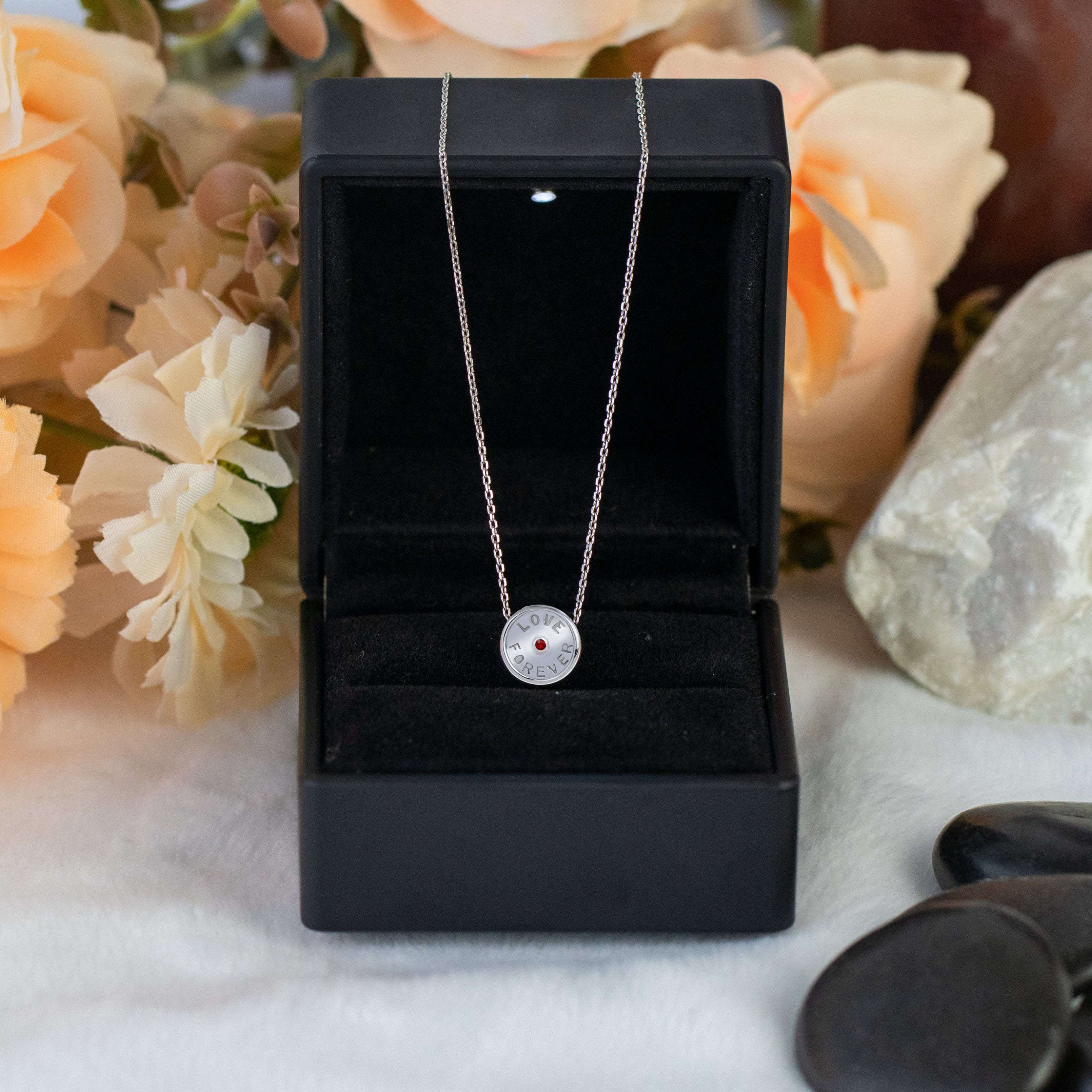 Love Forever Charm Necklace with Natural Round Shape Ruby in 18K White Gold Plating over Silver