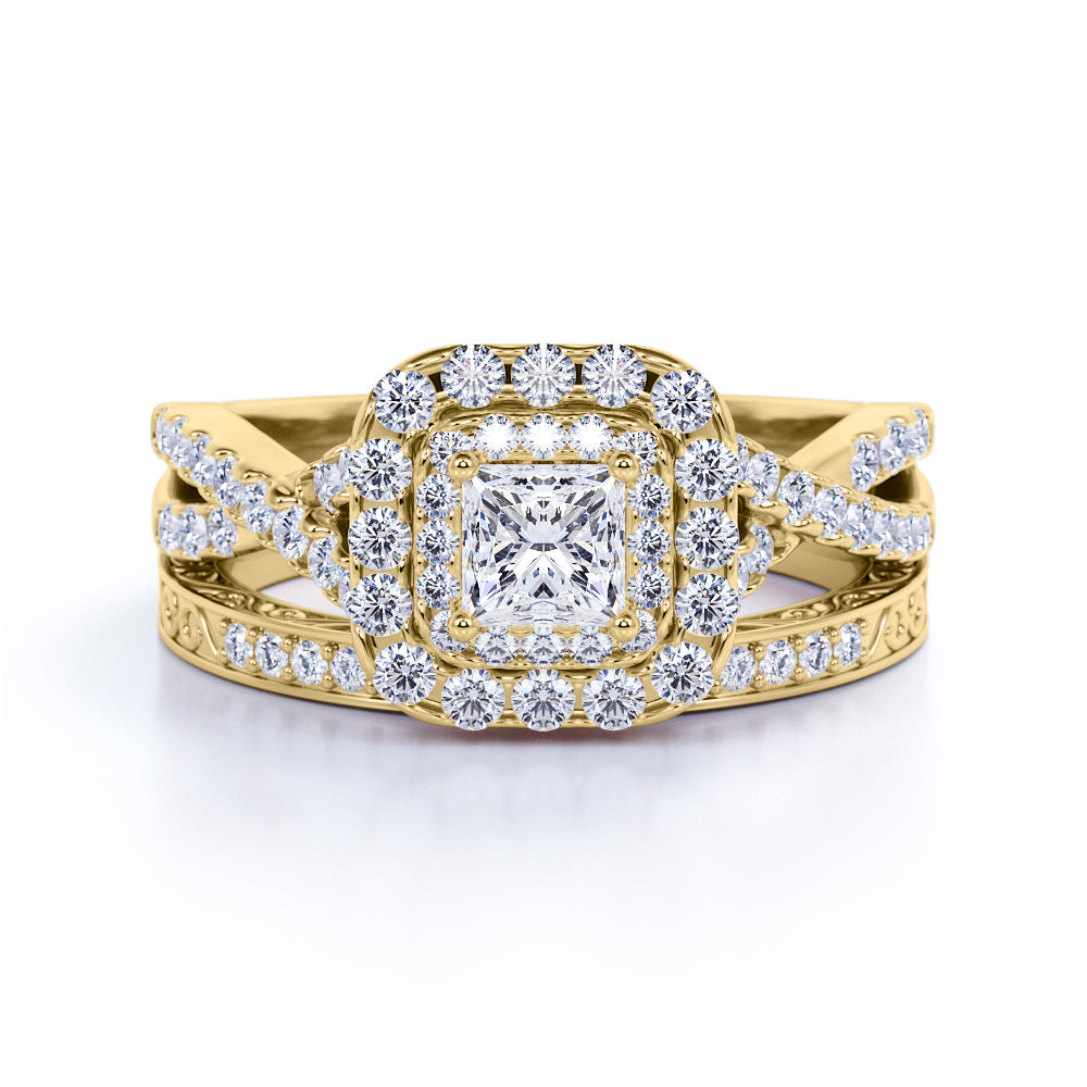 1.25 ct - Square Moissanite - Double Halo - Twisted Band - Vintage Inspired - Pave - Wedding Ring Set in 18K Yellow Gold over Silver