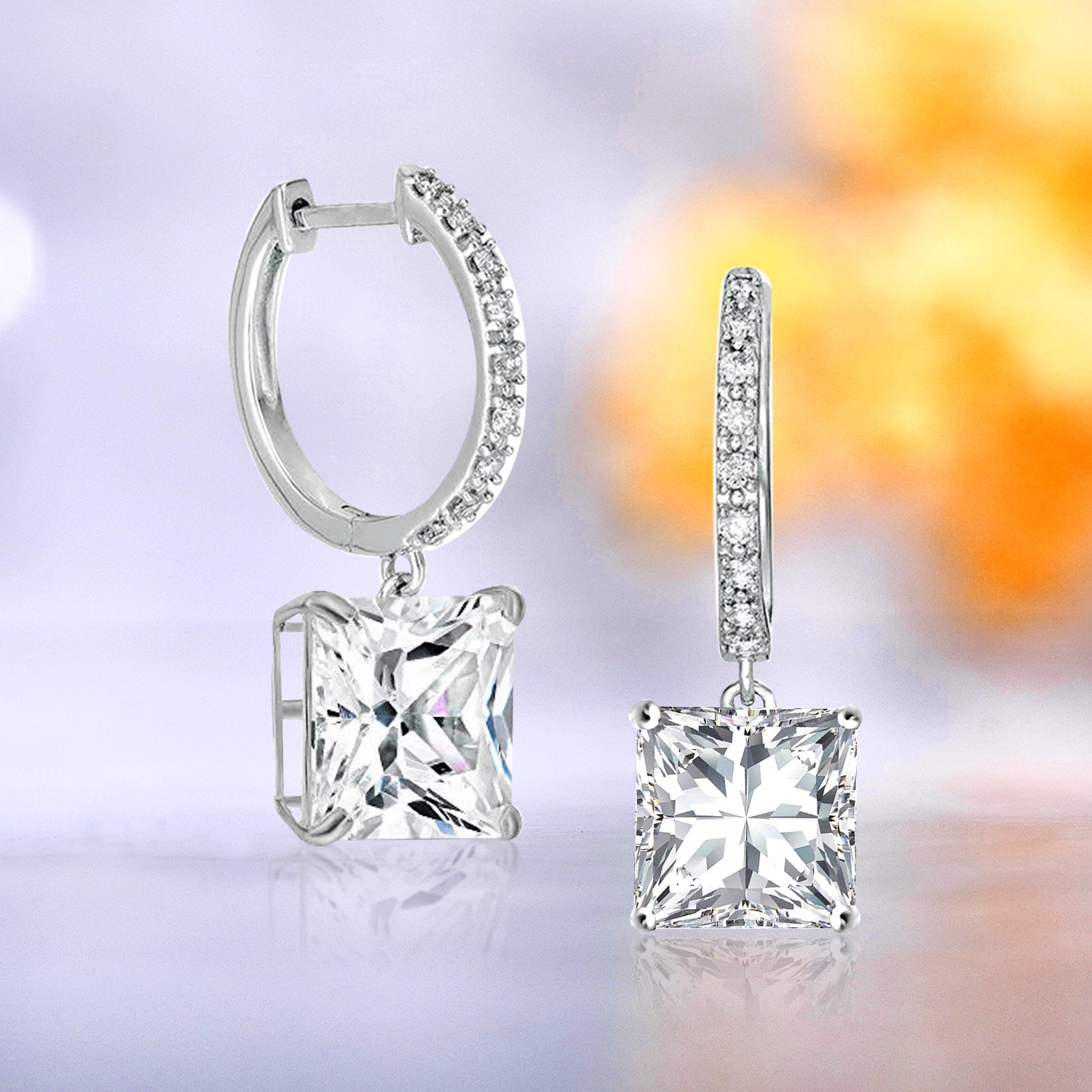 1.5 Carat Princess Cut Moissanite Hoop Earrings Pave Set with Charm in 18K White Gold over Silver