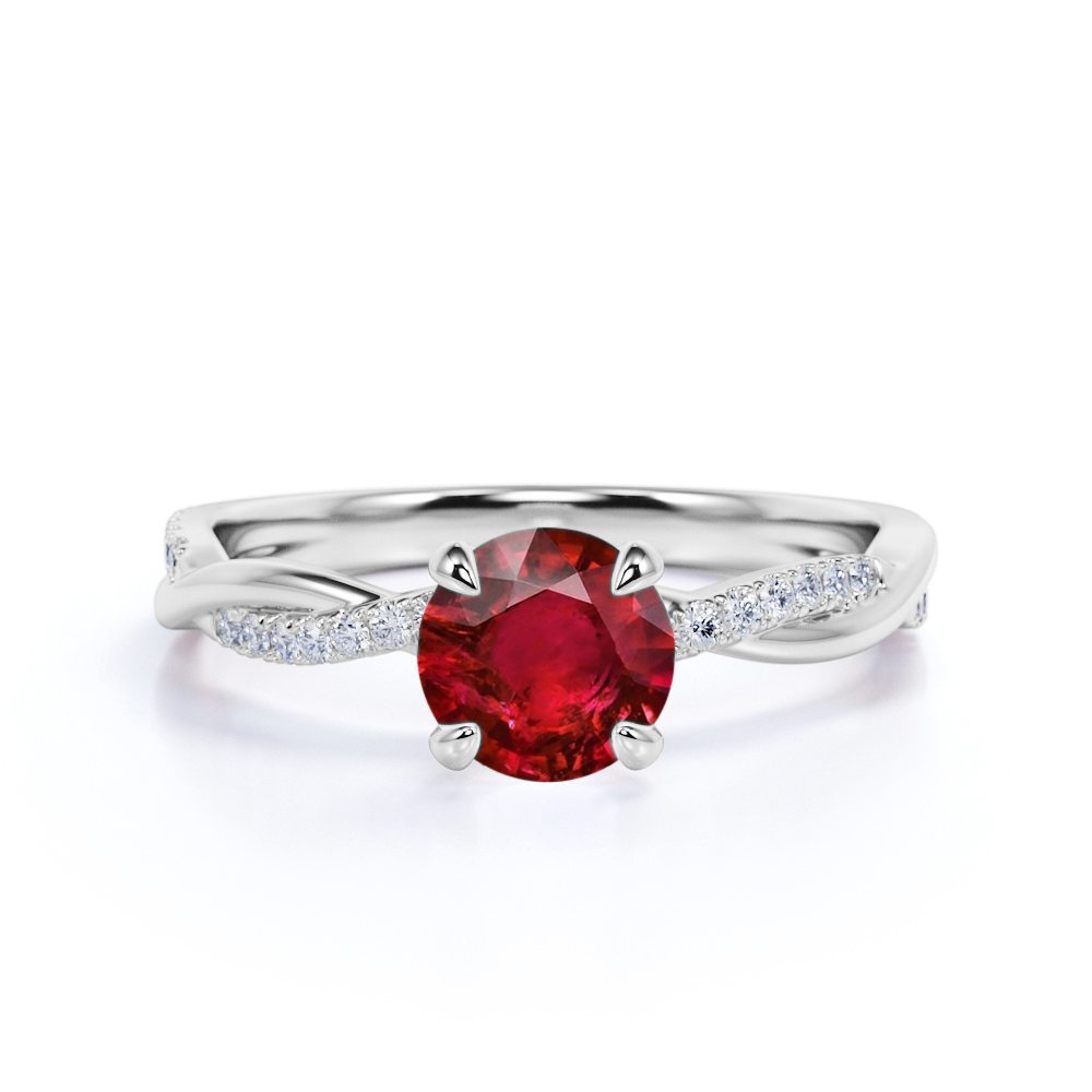 Infinity Twisted 1.10 Carat Round Cut Lab-Created Ruby and Diamond Engagement Ring in White Gold